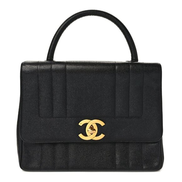 Authentic CHANEL CC Caviar Vertical Quilted Kelly Flap Bag Black Purse Handle - Picture 1 of 11